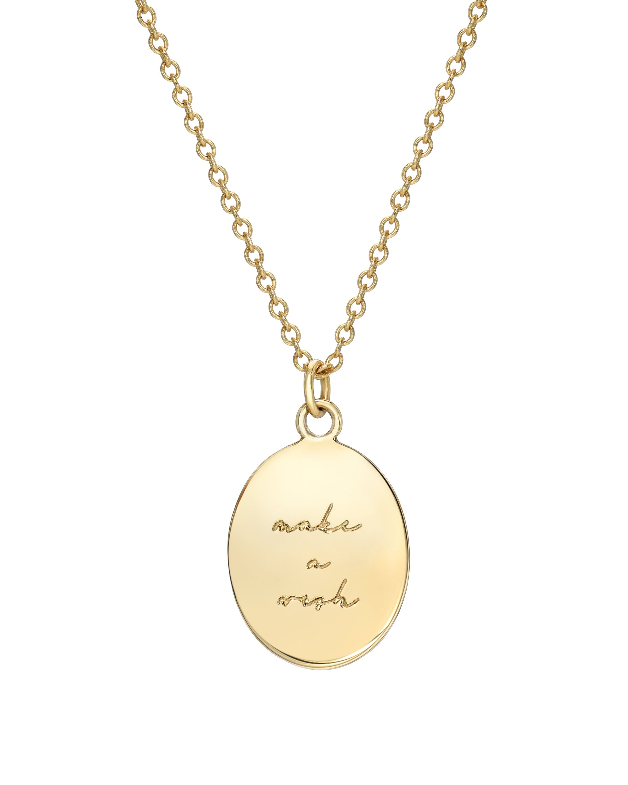 11:11 Necklace, Oval Medallion with 11:11 engraved and two 1mm semi-precious stones, "make a wish" engraved on the back, 14k gold vermeil, handmade by Turquoise + Tobacco in Los Angeles, California 