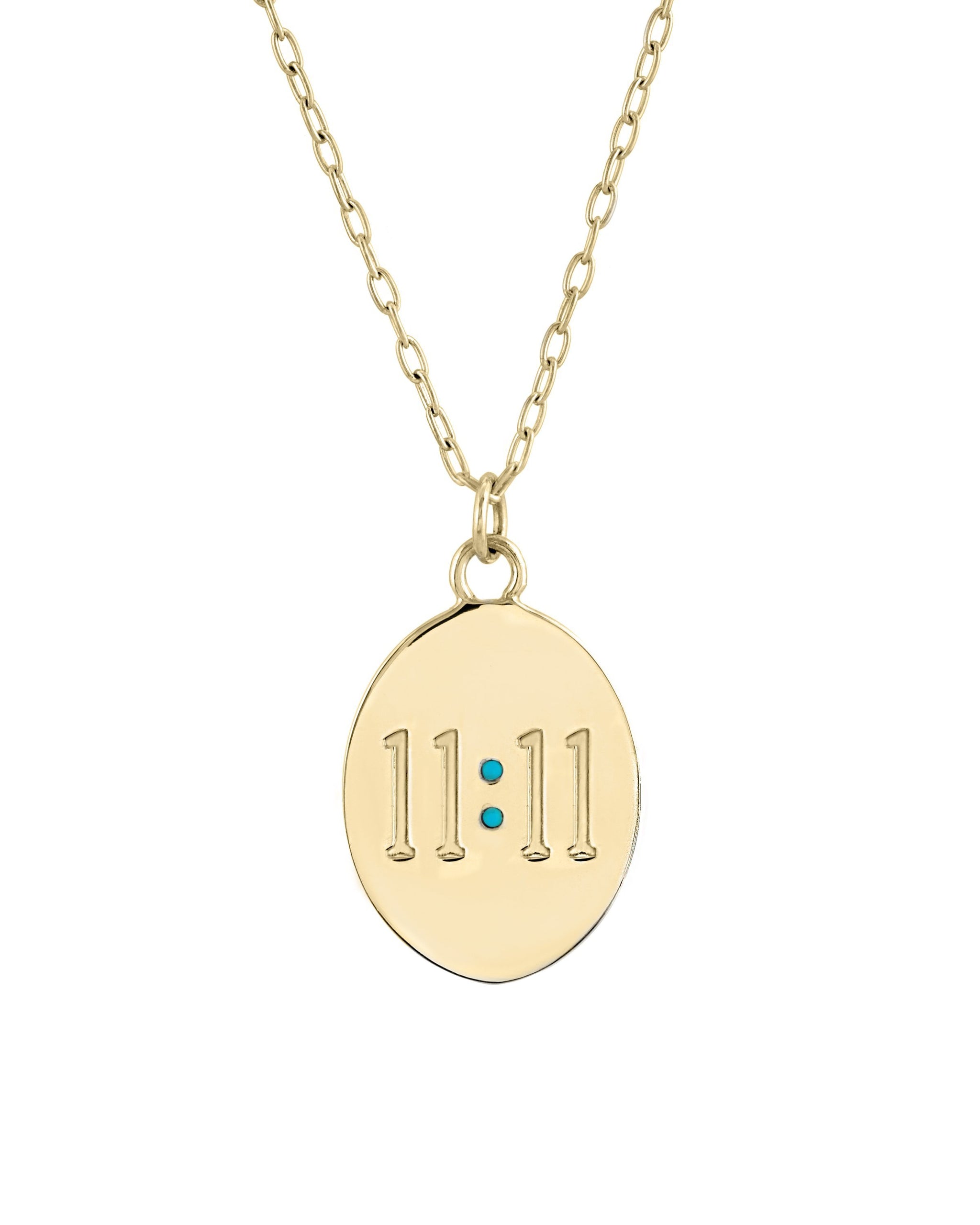 11:11 Necklace, Oval Medallion with 11:11 engraved and two 1mm semi-precious stones, "make a wish" engraved on the back, 14k gold vermeil, handmade by Turquoise + Tobacco in Los Angeles, California 