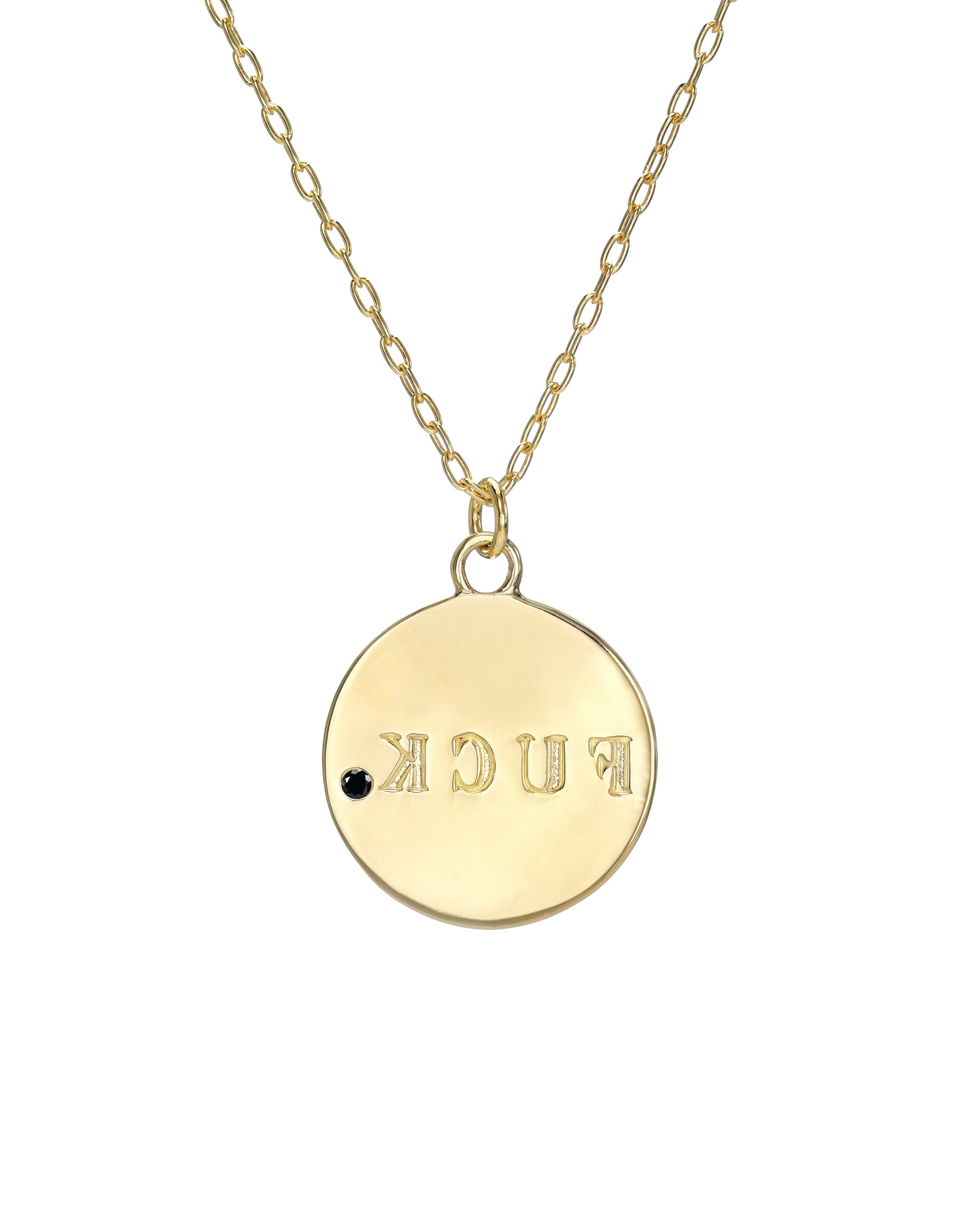 Retrograde Necklace, 14k Gold Vermeil Necklace with F*CK spelled inversely and a 2mm  semi-precious stone, 16"-18" adjustable chain, handmade in Los Angeles, California by Turquoise and Tobacco
