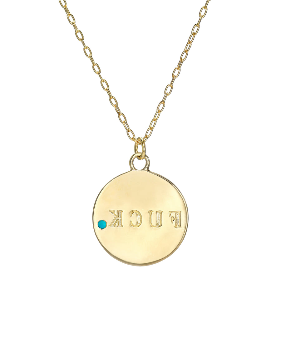 Retrograde Necklace, 14k Gold Vermeil Necklace with F*CK spelled inversely and a 2mm  semi-precious stone, 16"-18" adjustable chain, handmade in Los Angeles, California by Turquoise and Tobacco