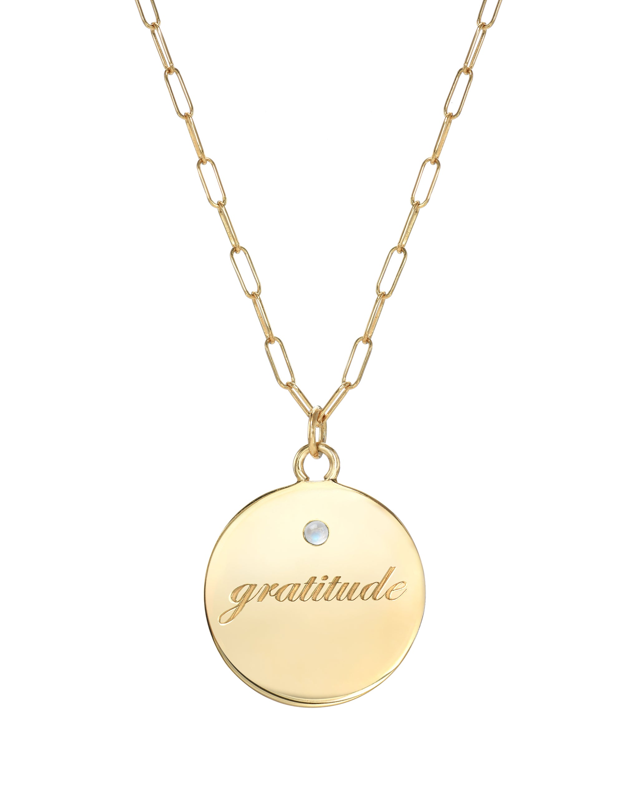Gratitude Necklace, Gold Vermeil Medallion with Gratitude engraved and a 2mm semi-precious stone. Handmade by Turquoise + Tobacco in Los Angeles, Calfifornia