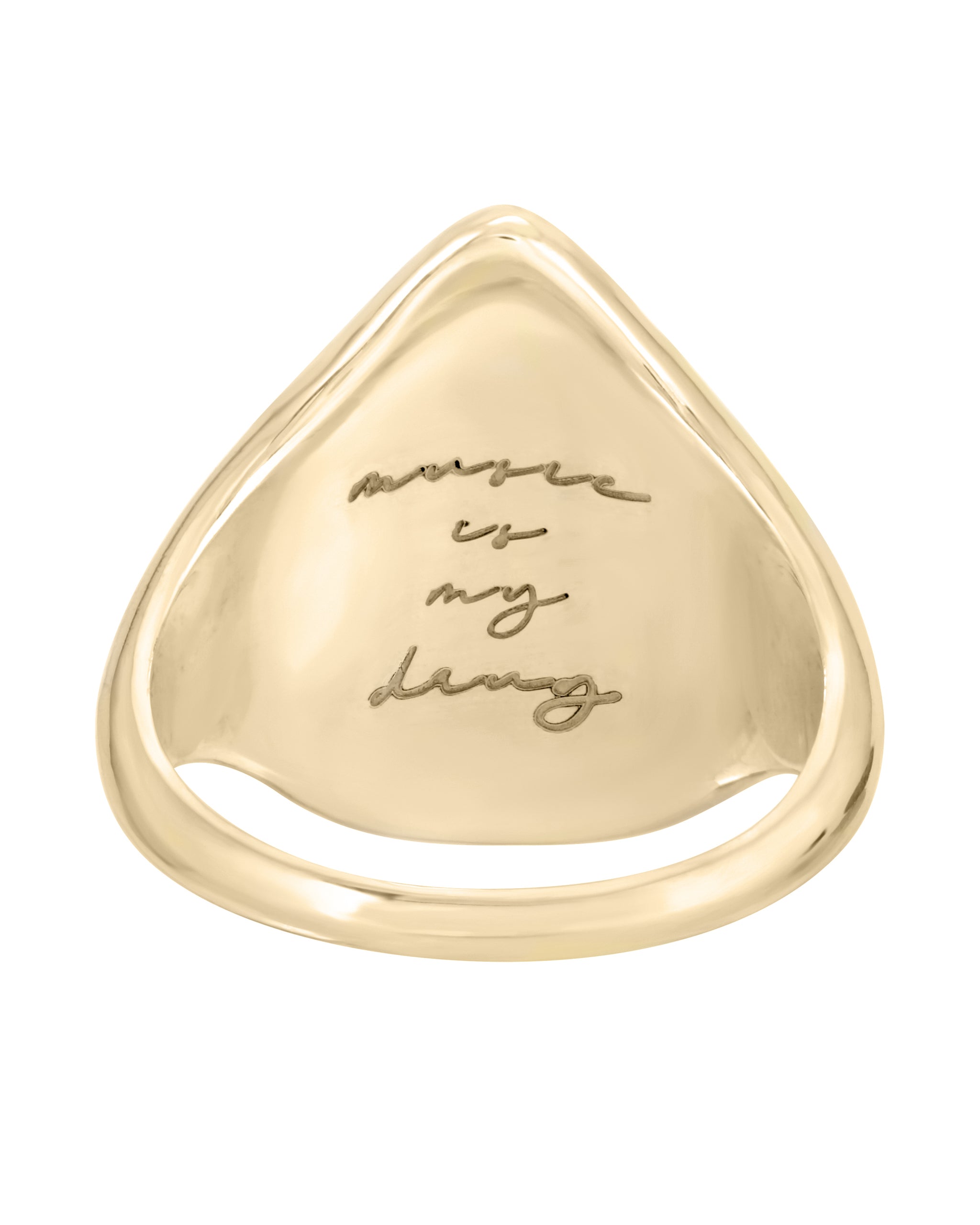 14k Yellow Gold Guitar Pic Ring with White diamond, "music is my drug" engraved on the inside, handmade in Los Angeles California by Turquoise + Tobacco