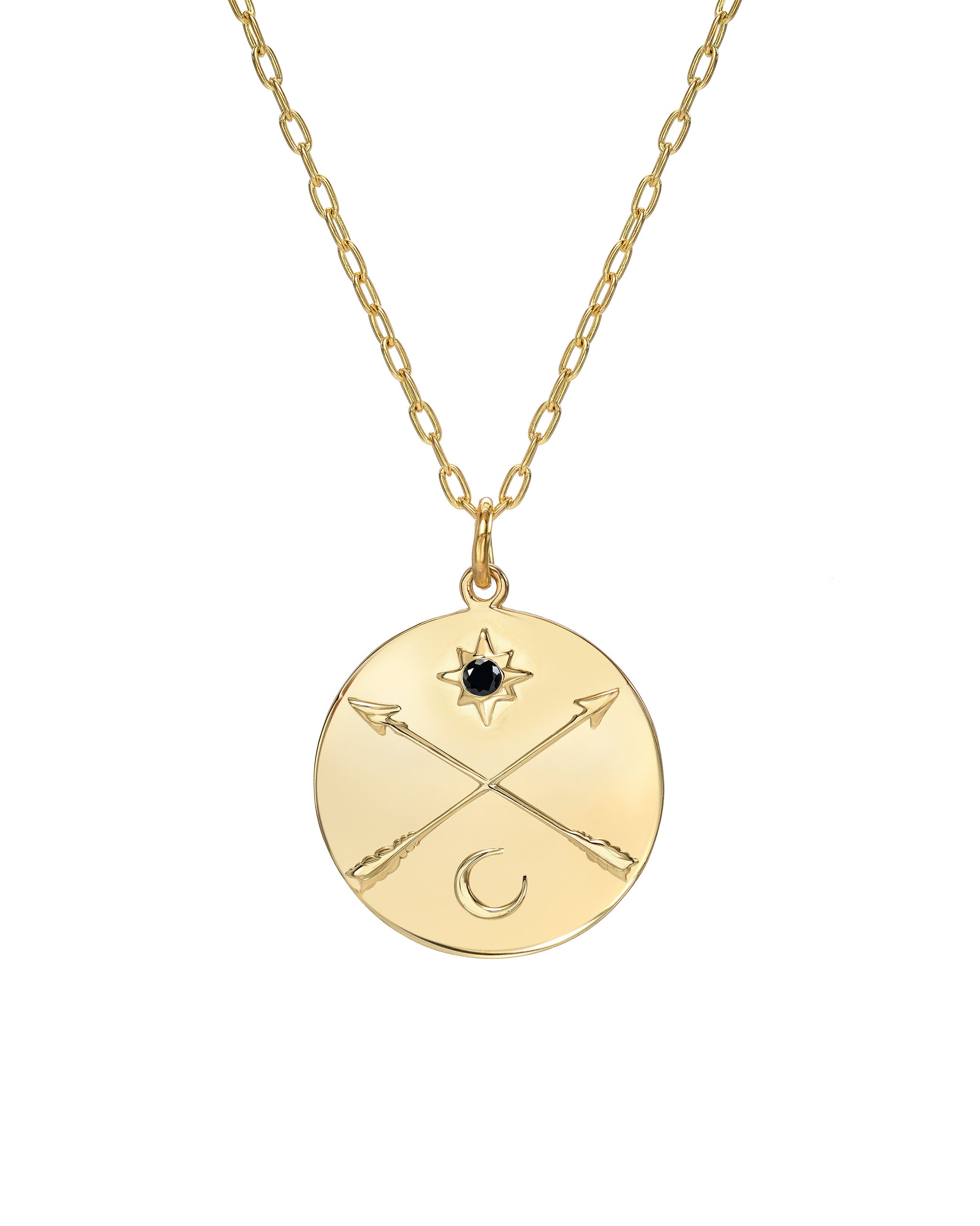 Nomad Necklace, 14k Gold Vermeil Medallion with Crossed Arrows, Sun and Moon and Sleeping Beauty Turquoise, on a 16"-18" Adjustable Chain, Handmade in Los Angeles, California