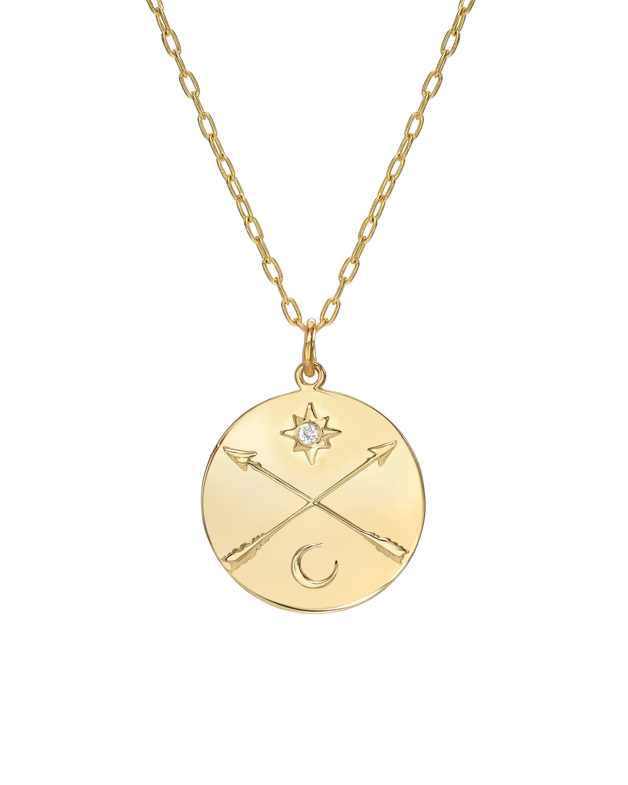 14k Yellow Gold Nomad Necklace, Crossed Arrows, Sun & Moon with Diamond or semi-precious stone, handmade by Turquoise + Tobacco in Los Angeles California