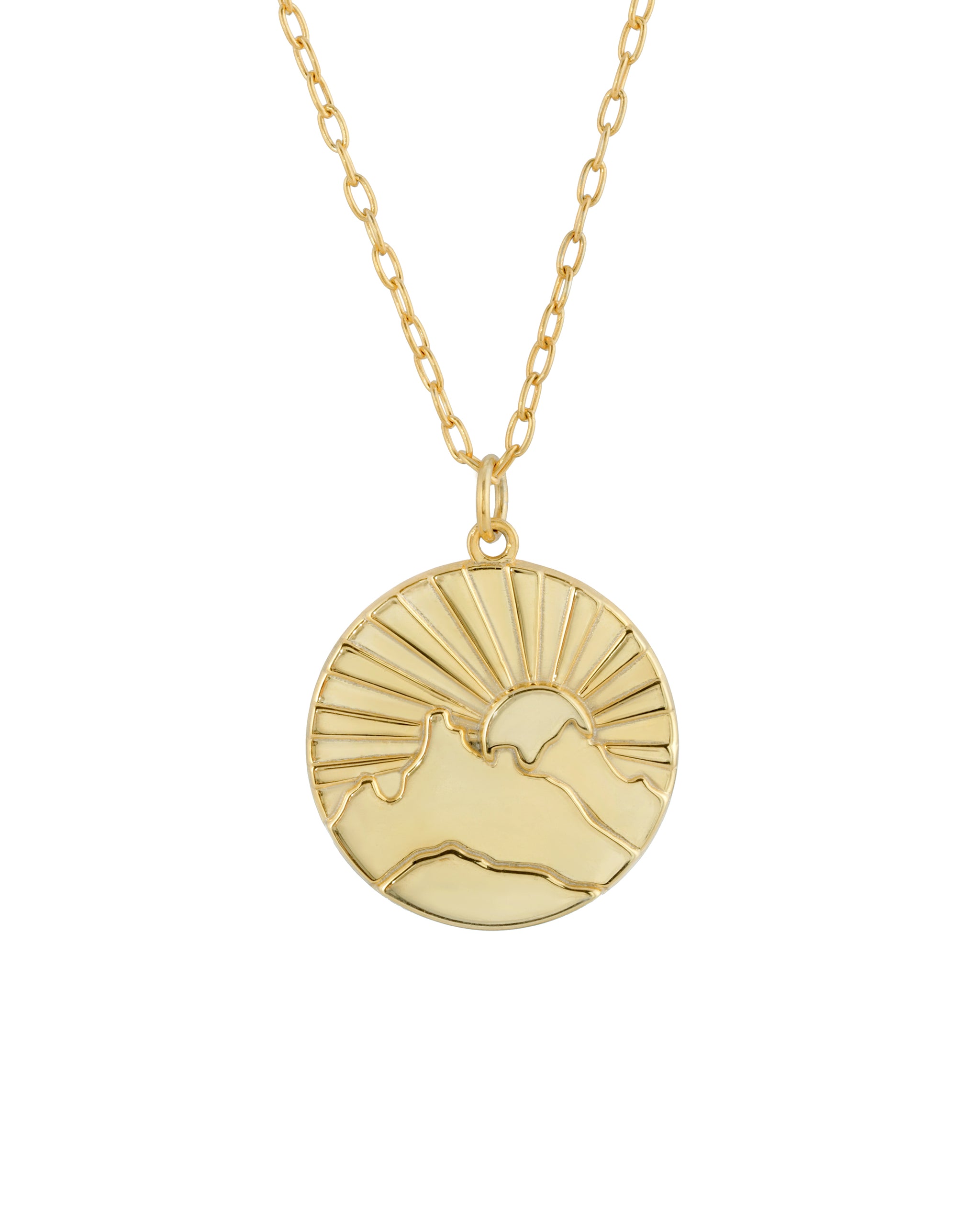Rising Sun "Like the Sun you too shall rise" sunrise medallion necklace in solid 14k yellow gold handmade by turquoise and tobacco in los angeles california