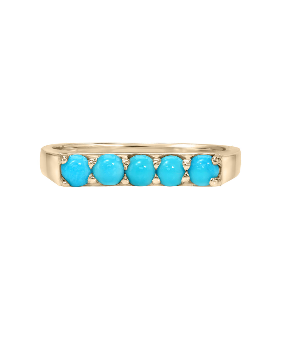 River Ring, 14k Yellow Gold Bar Signet Ring with five Sleeping Beauty Turquoise Stones, Turquoise + Tobacco