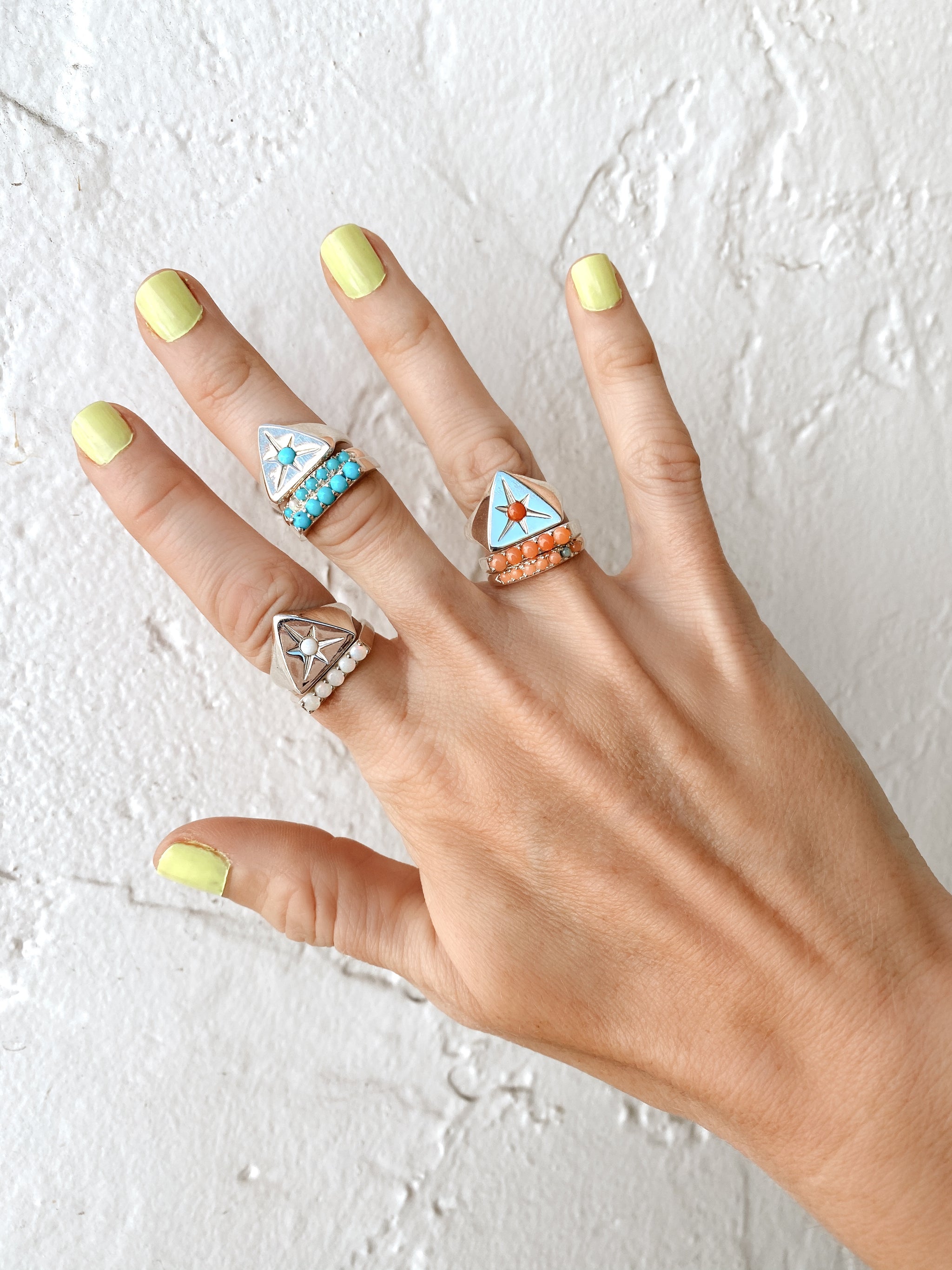 Wylde Ring, Sterling Silver Coral and Opal Chevron Ring, Handmade by Turquoise + Tobacco in Los Angeles California