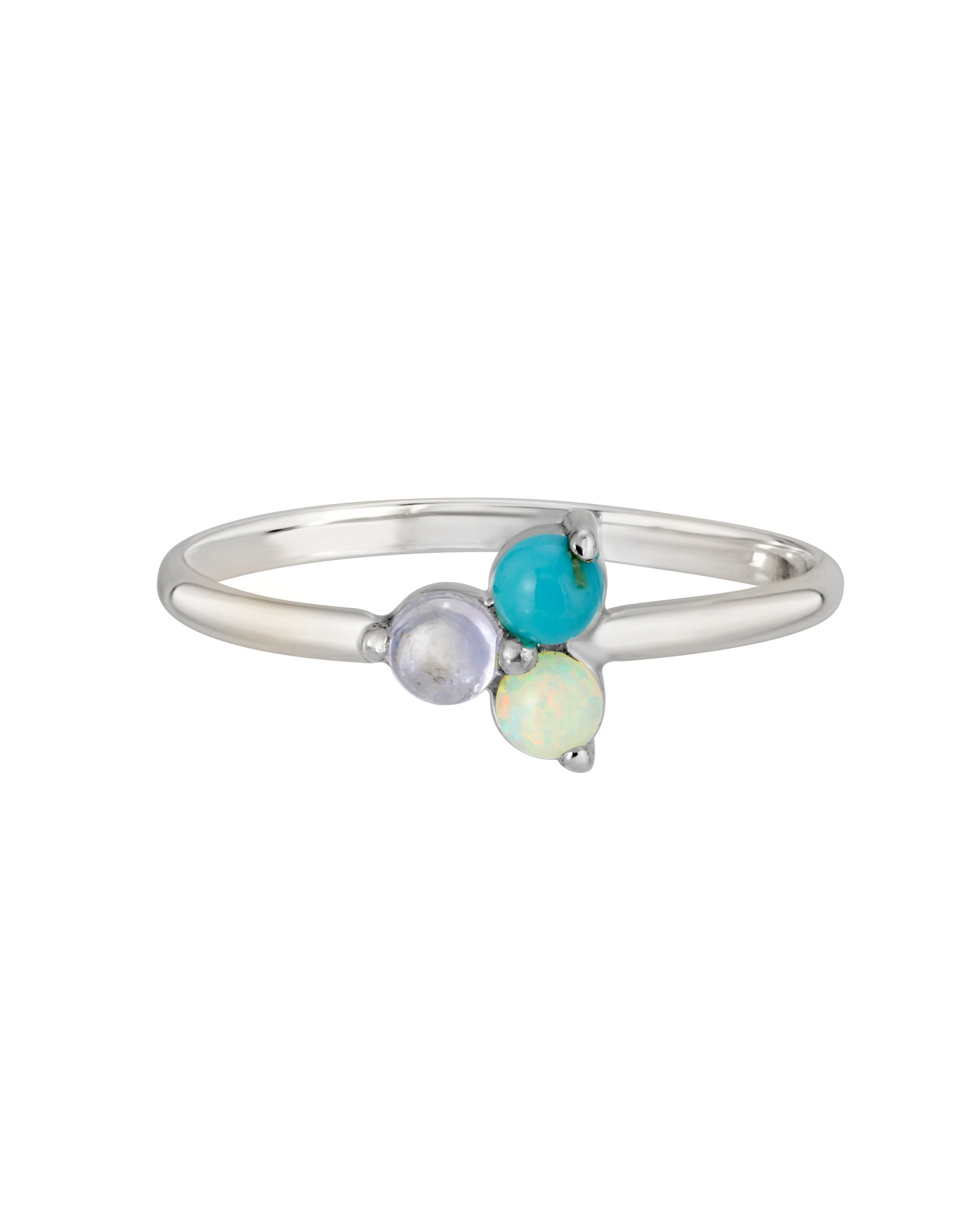 Sterling Silver Aura Ring, three semi-precious stones, prong set, handmade by Turquoise + Tobacco