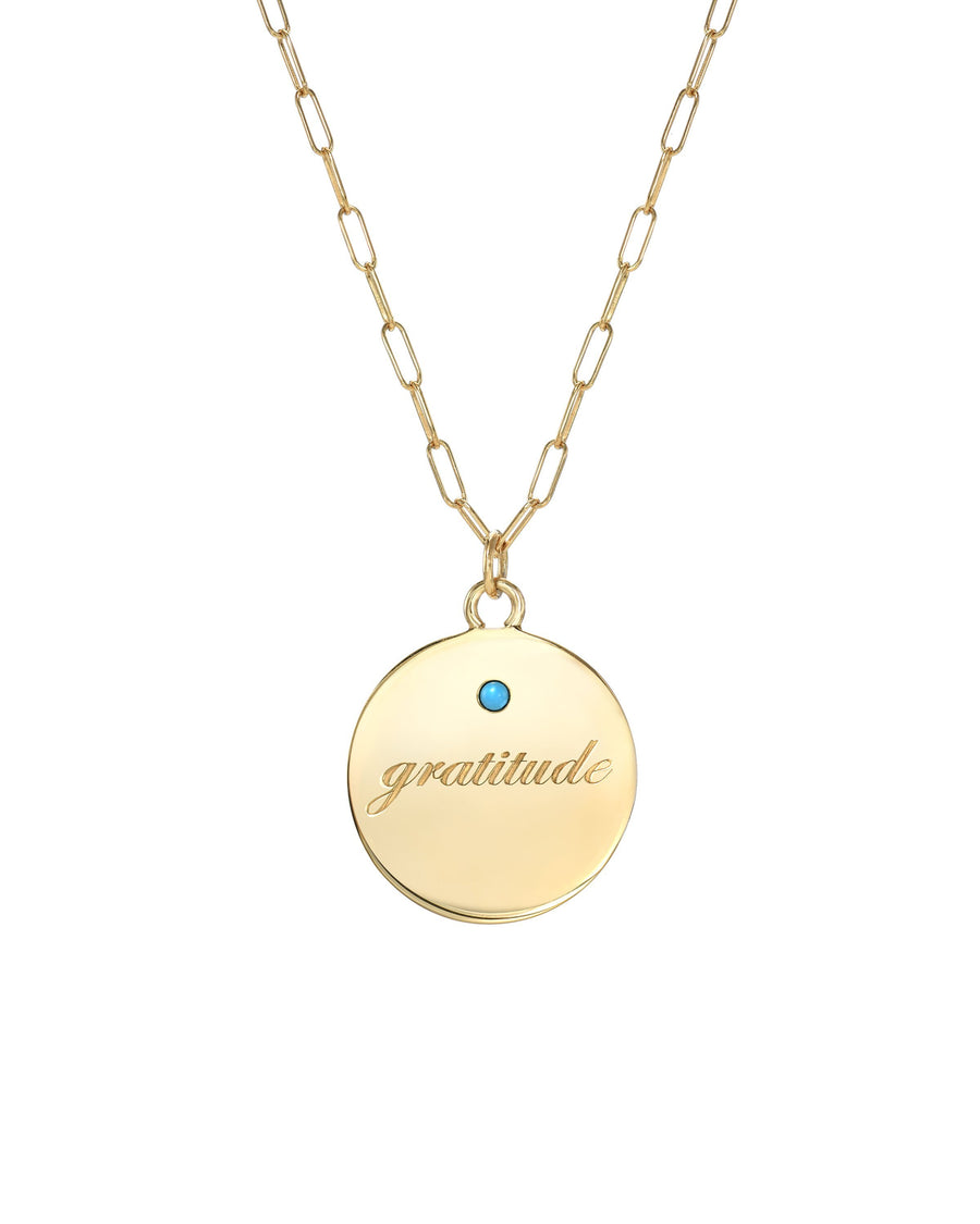 Gratitude Necklace, Gold Vermeil Medallion with Gratitude engraved and a 2mm semi-precious stone. Handmade by Turquoise + Tobacco in Los Angeles, Calfifornia