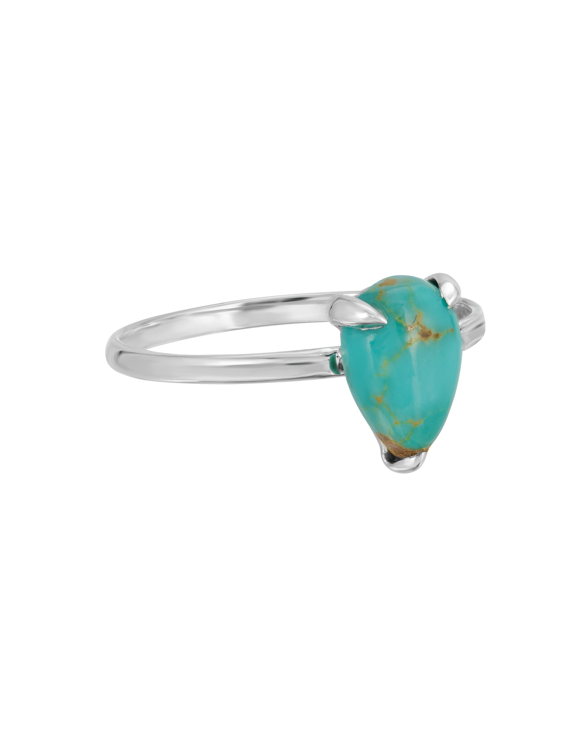 Halcyon Ring, Sterling silver pear shape ring with claw prongs and kingman turquoise pear shape stone