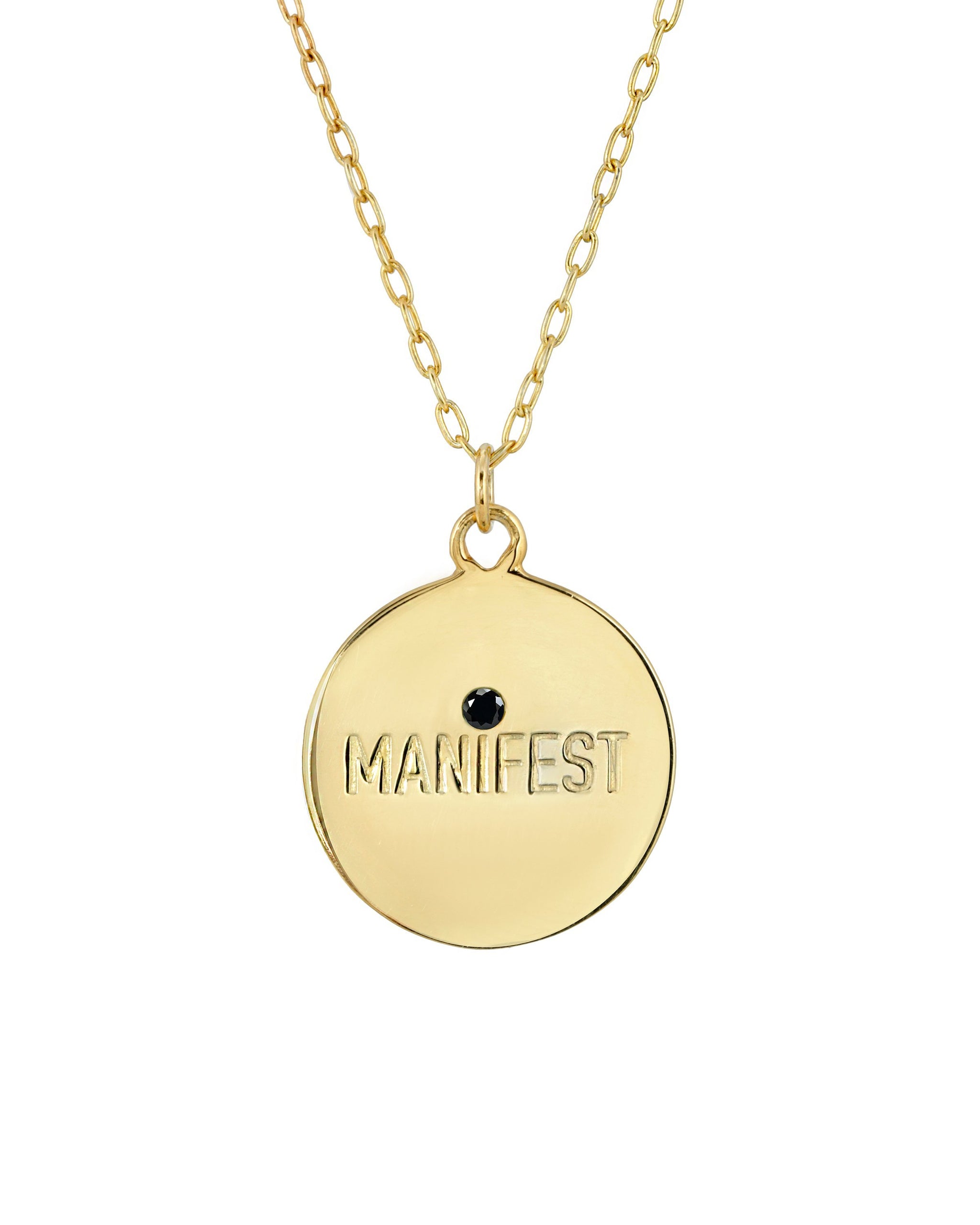 Manifest Necklace, Gold Vermeil Round Medallion with Manifest engraved and a 2mm semi precious stone. Handmade by Turquoise + Tobacco in Los Angeles, California