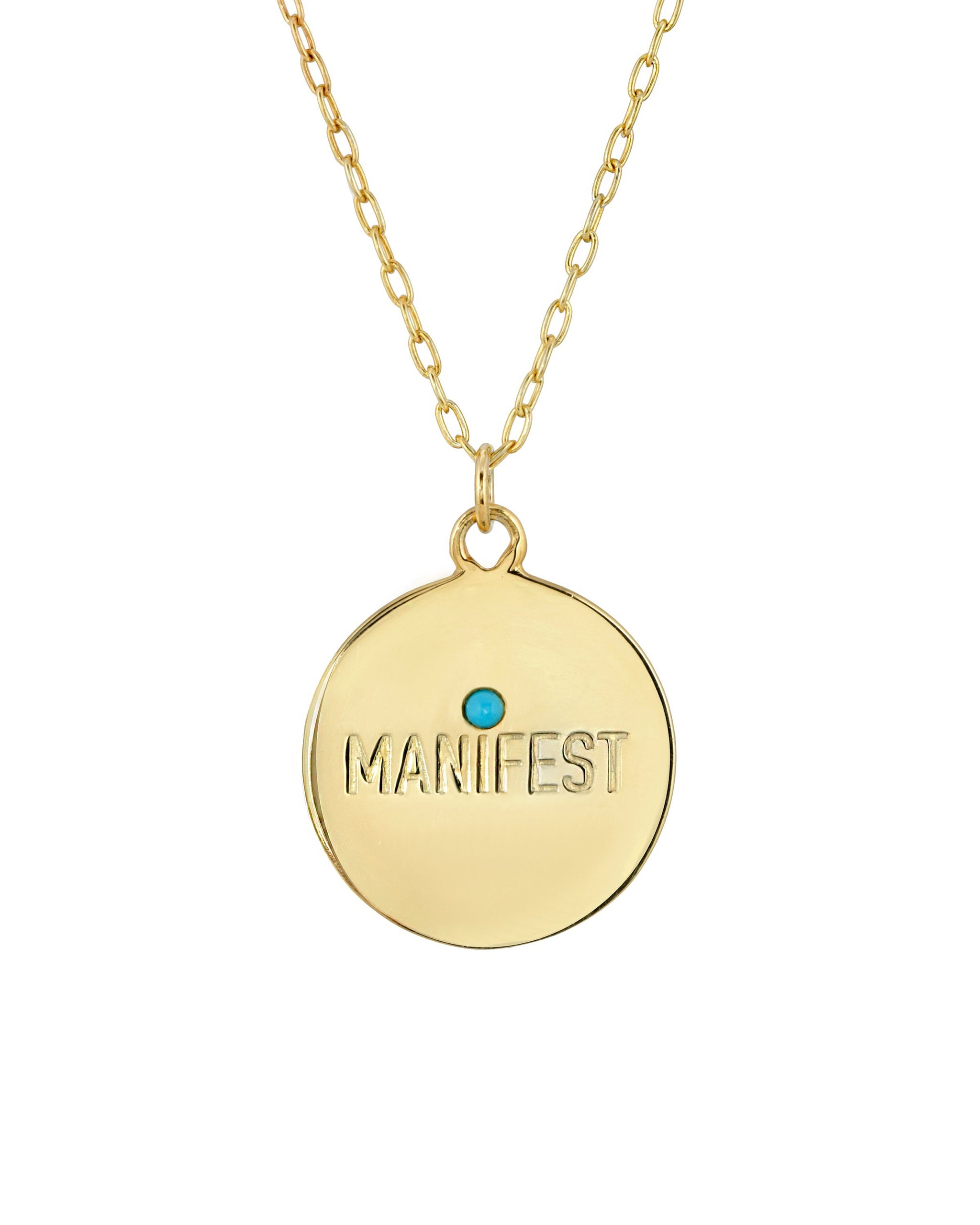 Manifest Necklace, Gold Vermeil Round Medallion with Manifest engraved and a 2mm semi precious stone. Handmade by Turquoise + Tobacco in Los Angeles, California