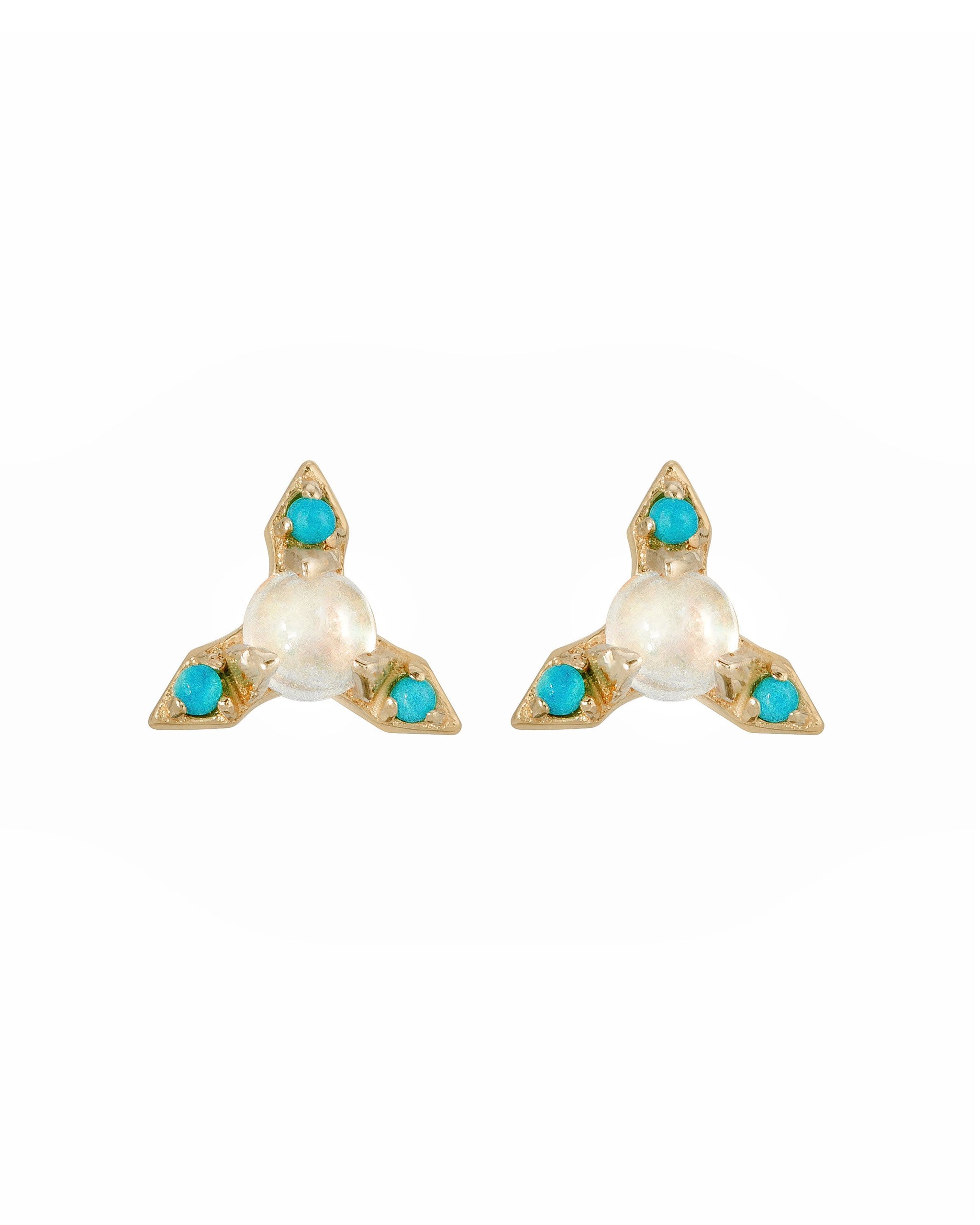 Nova Studs, 14k Yellow Gold, One 3mm Moonstone surrounded by three 1mm Sleeping Beauty Turquoise Stones, Handmade by Turquoise + Tobacco