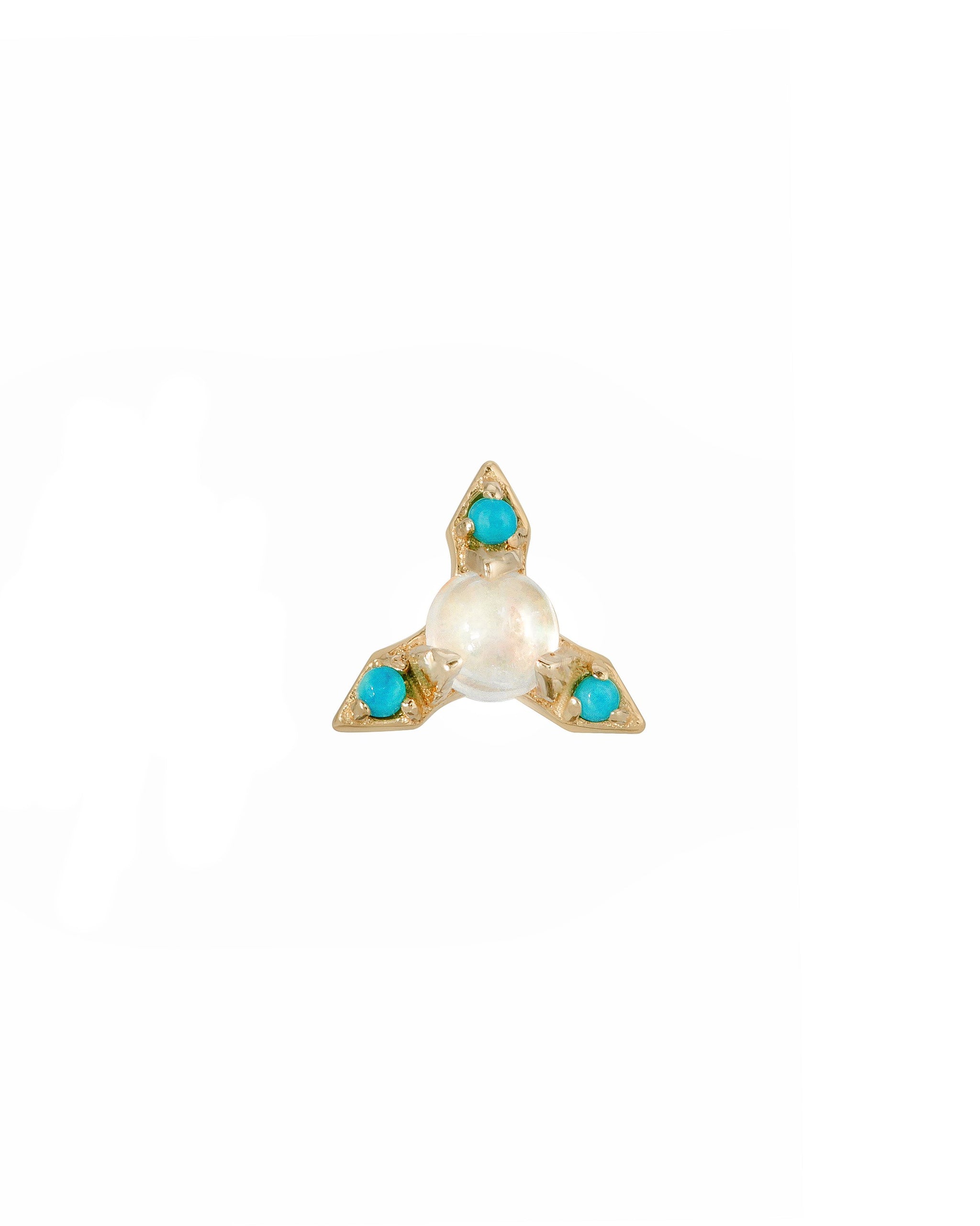 Nova Studs, 14k Yellow Gold, One 3mm Moonstone surrounded by three 1mm Sleeping Beauty Turquoise Stones, Handmade by Turquoise + Tobacco